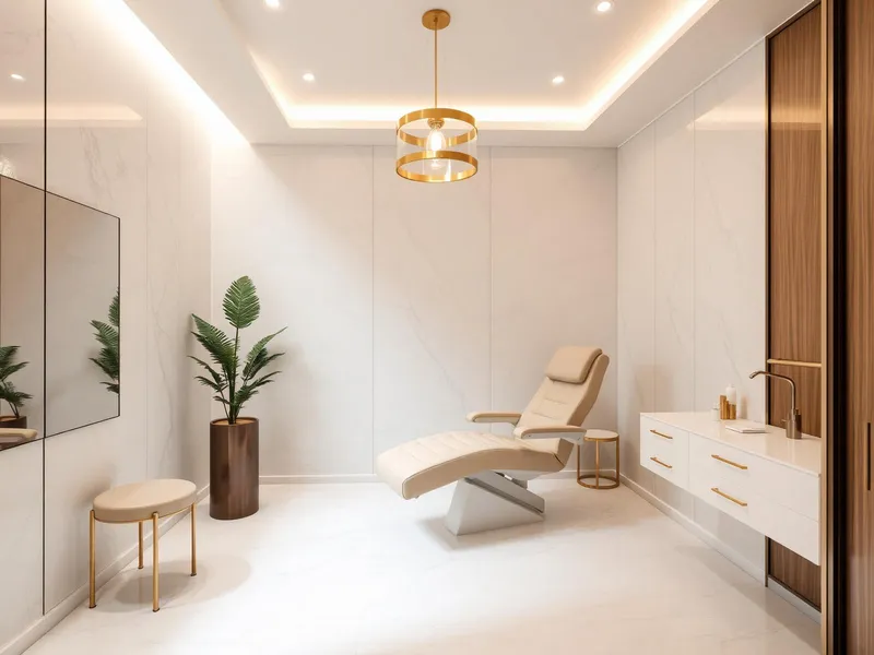 Sala de procedimentos da clínica de harmonização facial no Tatuapé com mármore branco e iluminação dourada